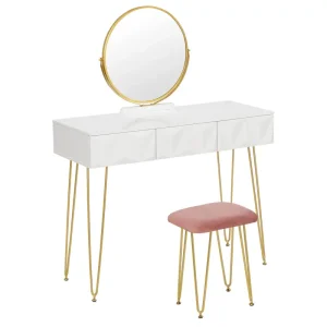 BukkitBow - Elegante Kaptafel Set met Metalen Frame - MDF Hout met Glas - Inclusief Draaibare Spiegel en Kruk - 100x40x79cm